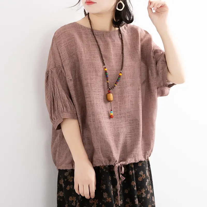 Women Loose Blue Drawstring T-Shirt Mid Sleeve - Image 3
