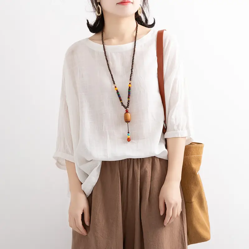 Women Loose Blue Drawstring T-Shirt Mid Sleeve - Image 5