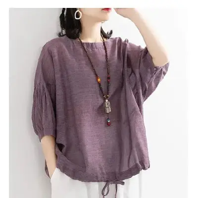 Women Loose Blue Drawstring T-Shirt Mid Sleeve - Image 6