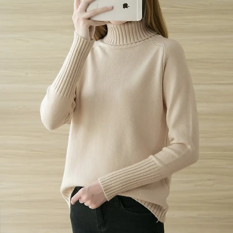 Korean Style Turtleneck Knitwear Beige - Image 11