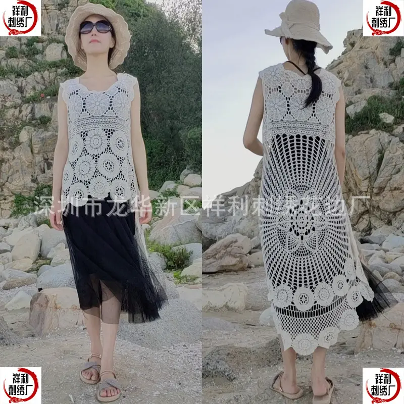 Black Embroidered Cotton Vest Top Crocheted Swallow Dress - Image 11