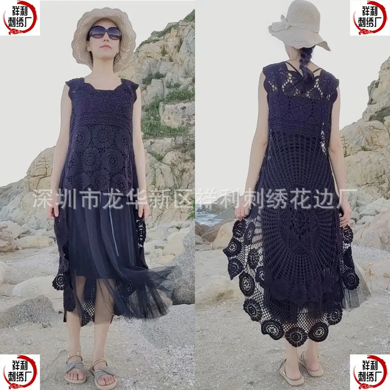 Black Embroidered Cotton Vest Top Crocheted Swallow Dress - Image 12