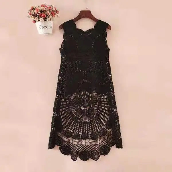 Black Embroidered Cotton Vest Top Crocheted Swallow Dress - Image 3