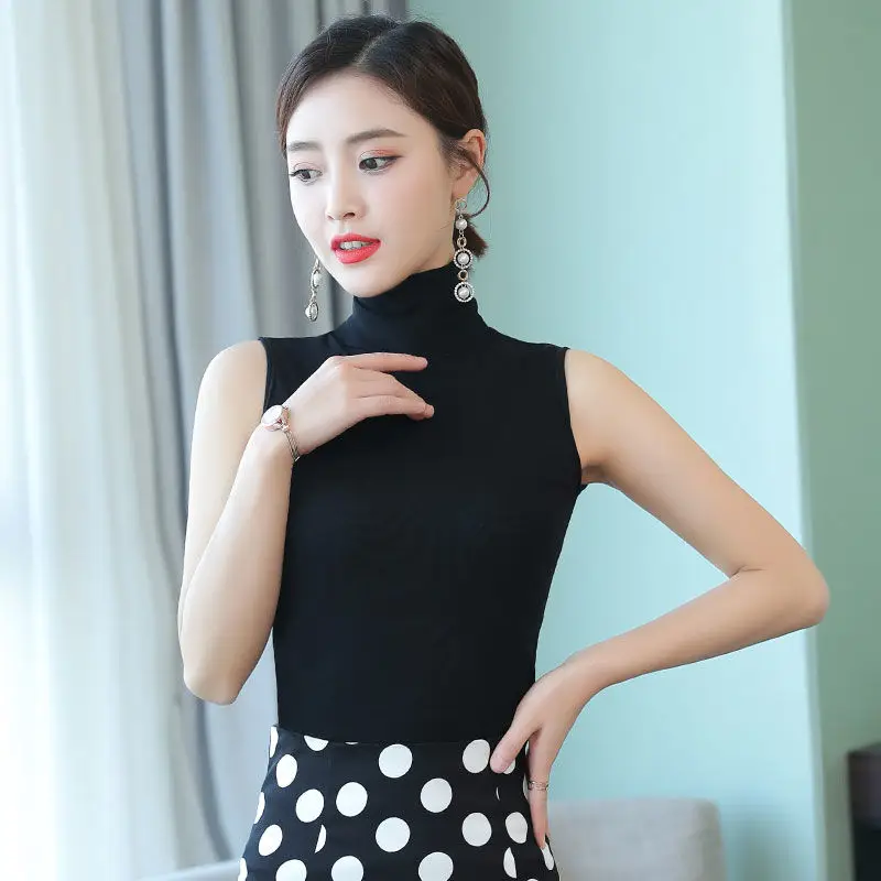 Black High-Neck Sleeveless Camisole Women 95Cotton Bottom - Image 13