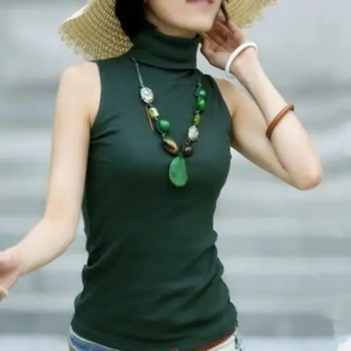 Black High-Neck Sleeveless Camisole Women 95Cotton Bottom - Image 3