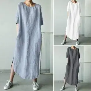 Women Pure Cotton Linen Flap Pocket Pants Blue Loose Jumpsuit — feature 7