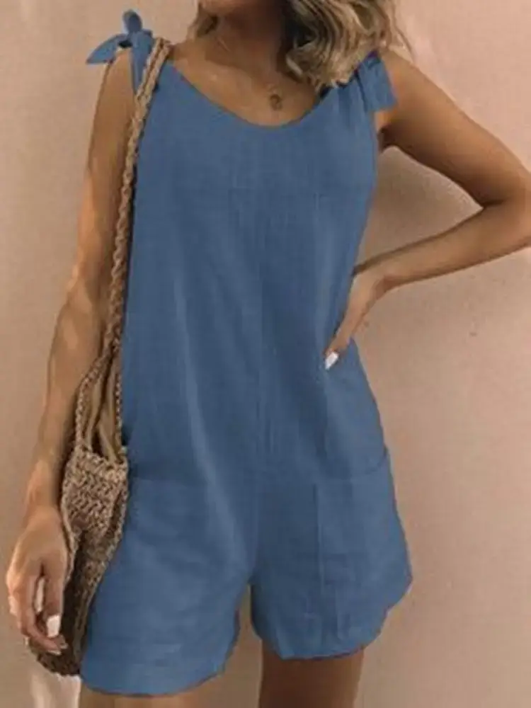 Women Pure Cotton Linen Flap Pocket Pants Blue Loose Jumpsuit - Image 4