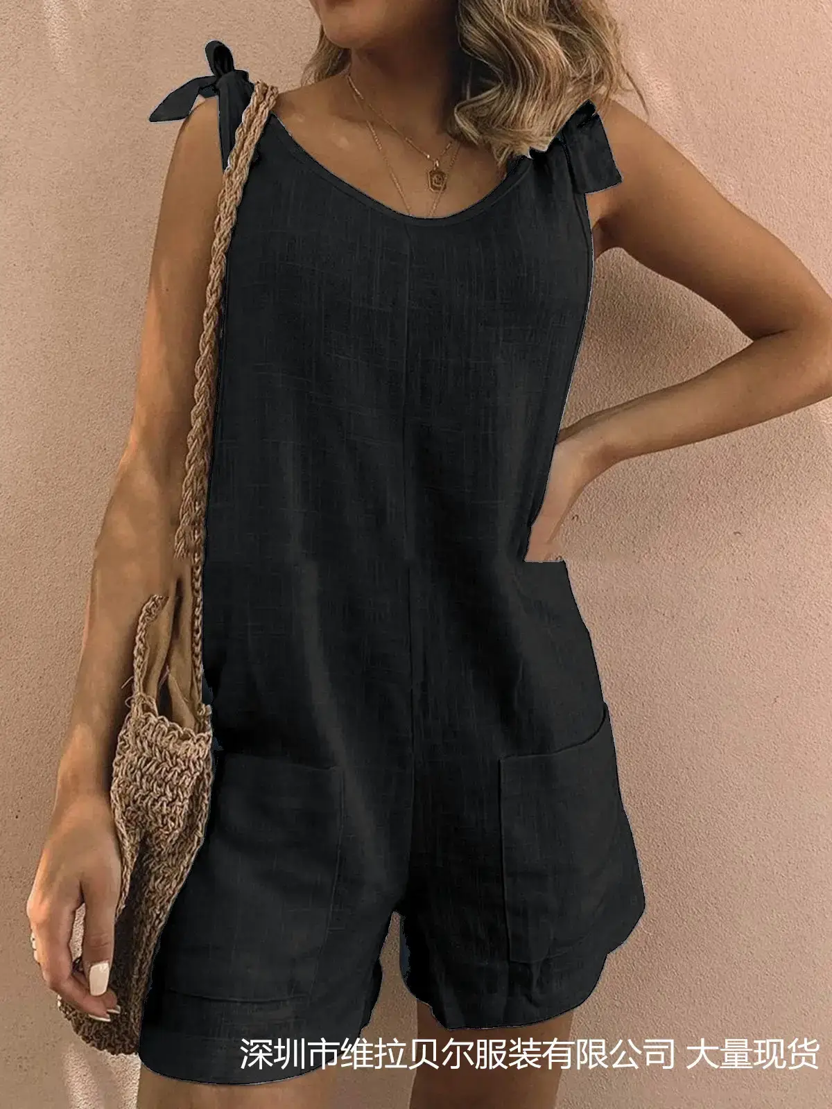 Women Pure Cotton Linen Flap Pocket Pants Blue Loose Jumpsuit - Image 6