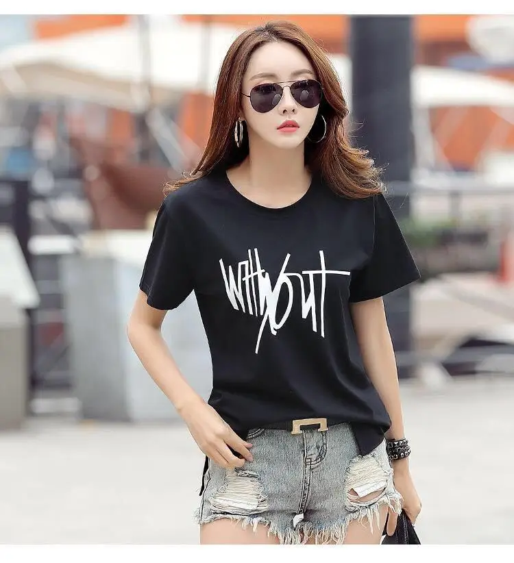 Women Cotton Printed T-Shirt Black White Graphic Large - Image 7