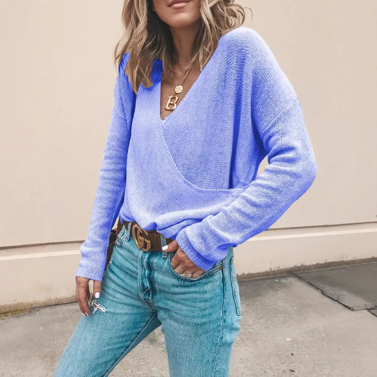 Women Yellow V-Neck Long Sleeve Sweater Top - Image 4