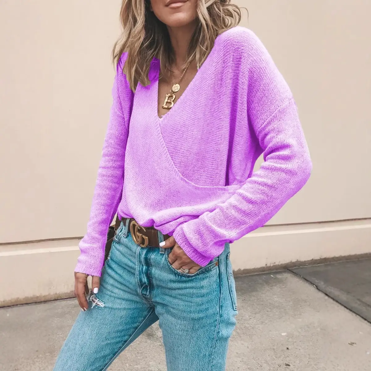 Women Yellow V-Neck Long Sleeve Sweater Top - Image 5