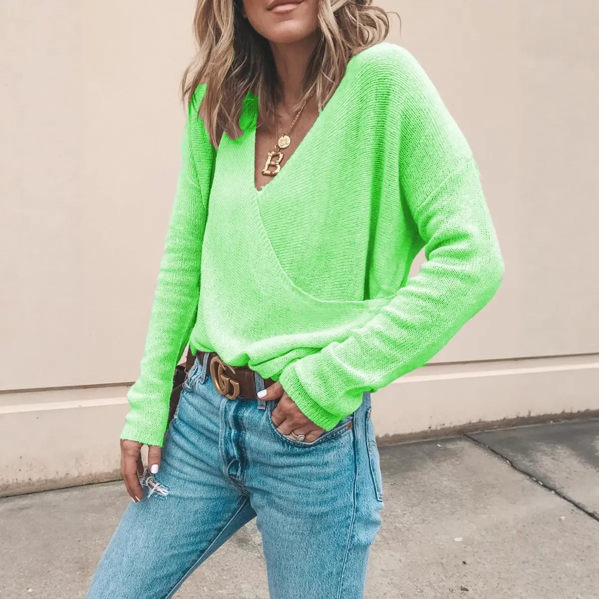 Women Yellow V-Neck Long Sleeve Sweater Top - Image 6