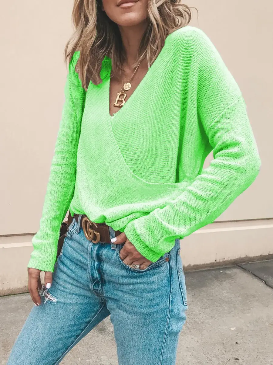Women Yellow V-Neck Long Sleeve Sweater Top - Image 2
