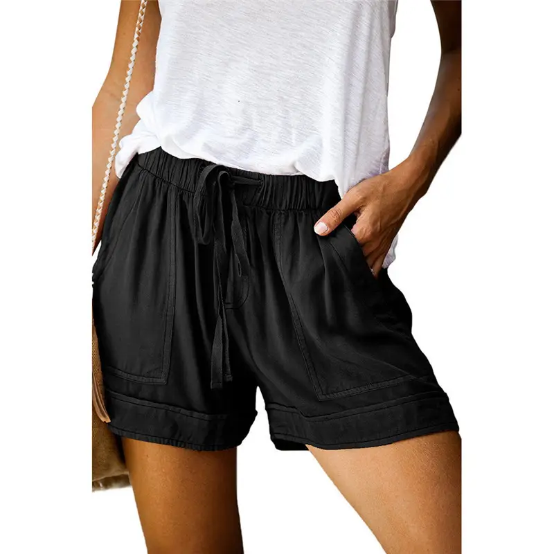 Black Wide Leg Elastic Waist Shorts for Summer - Image 2