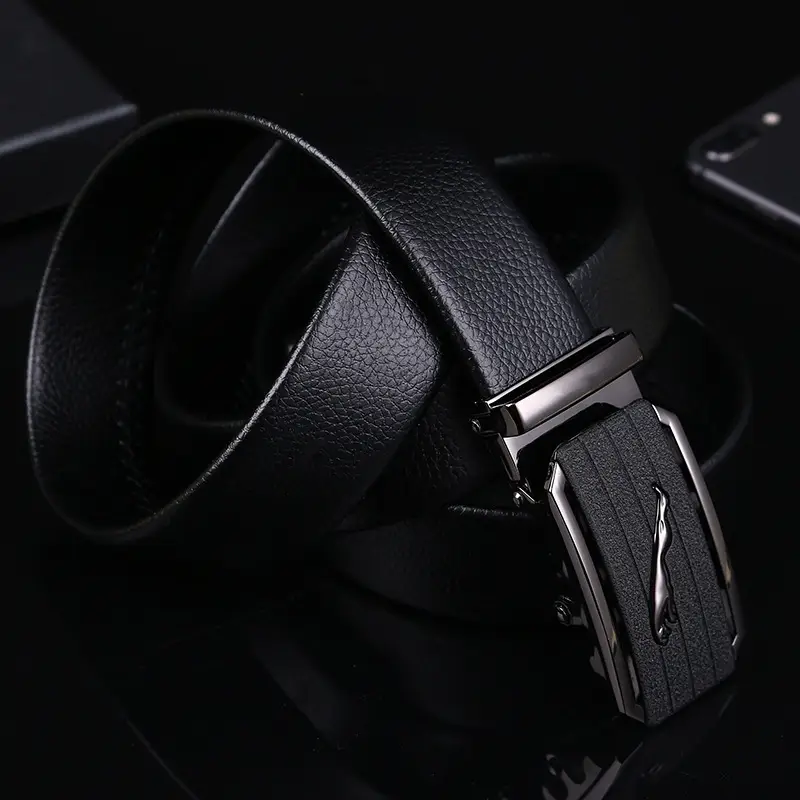 Men's Black Genuine Leather Belt with Leopard Logo - Image 4