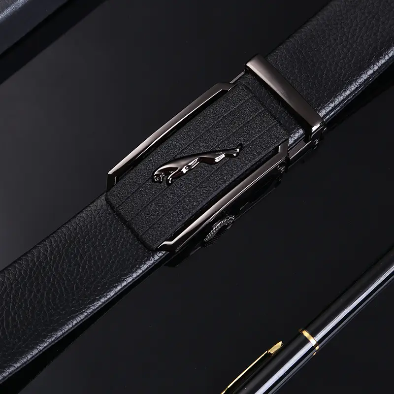 Men's Black Genuine Leather Belt with Leopard Logo - Image 6