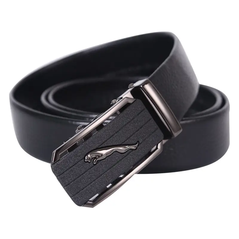 Men's Black Genuine Leather Belt with Leopard Logo - Image 7
