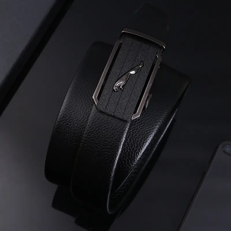 Men's Black Genuine Leather Belt with Leopard Logo