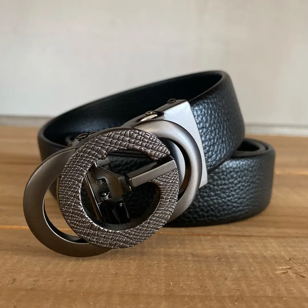 Men's Black Genuine Leather Belt with Leopard Logo - Image 2