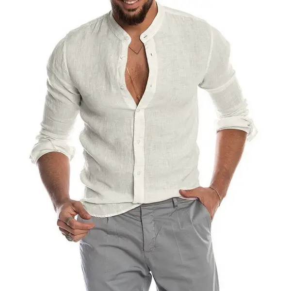 Men's V-Neck Linen Shirt Olive Green - Image 10