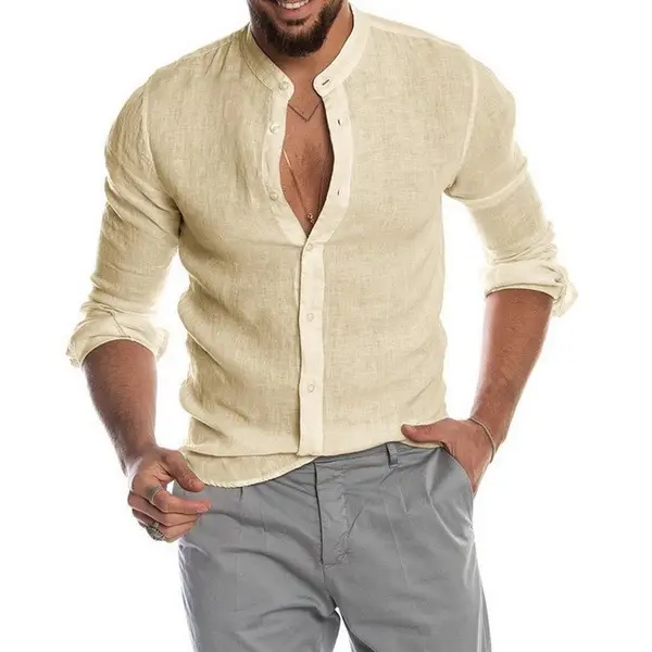 Men's V-Neck Linen Shirt Olive Green - Image 5