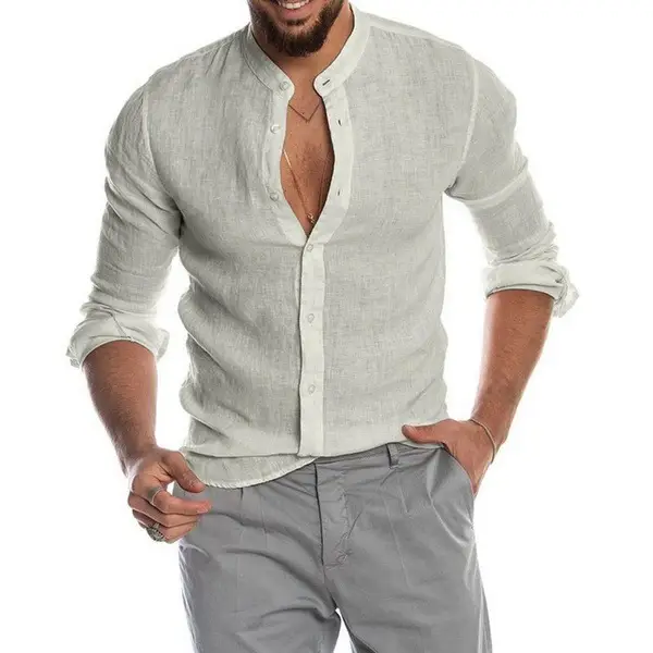 Men's V-Neck Linen Shirt Olive Green - Image 6