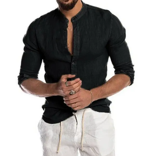 Men's V-Neck Linen Shirt Olive Green - Image 2