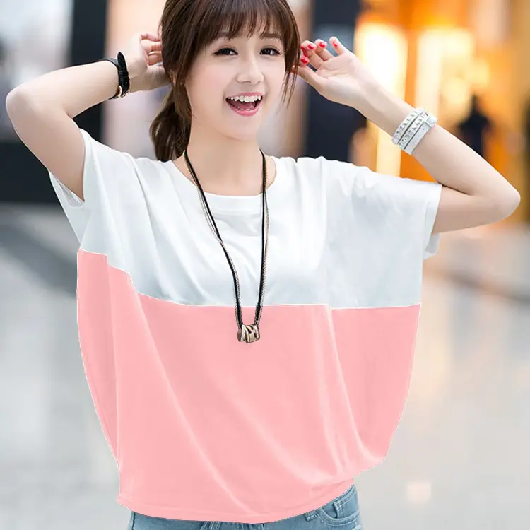 Women 2026 Summer Loose Slim T-Shirt Pink White - Image 7