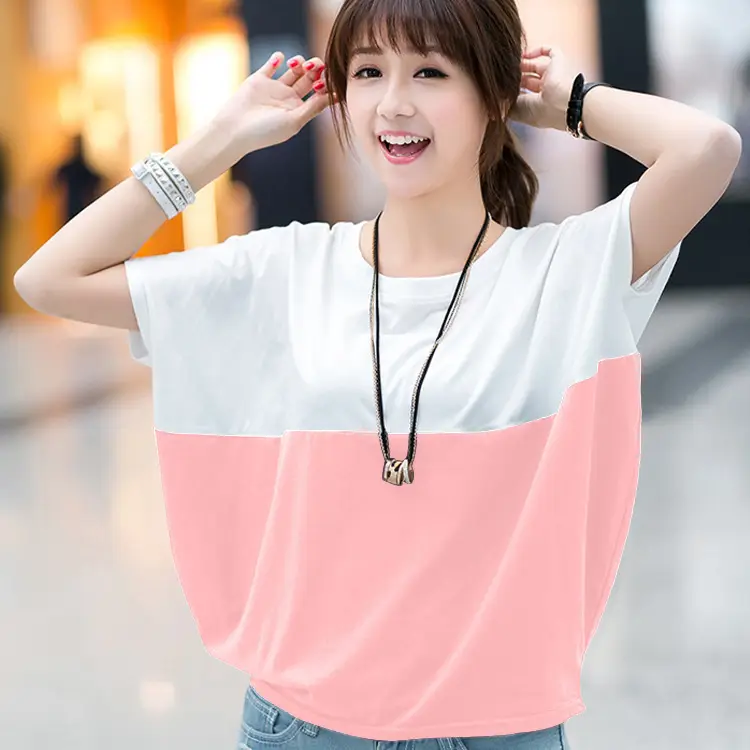 Women 2026 Summer Loose Slim T-Shirt Pink White - Image 3