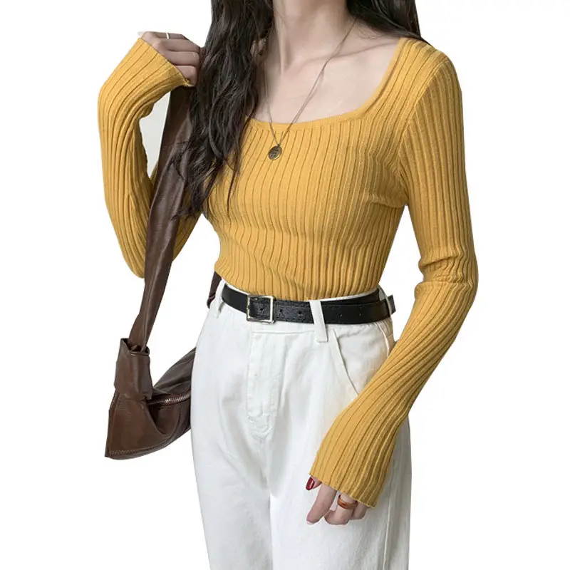 Women Knitted Square Collar Top Long Sleeve Blue Slim Fit - Image 10