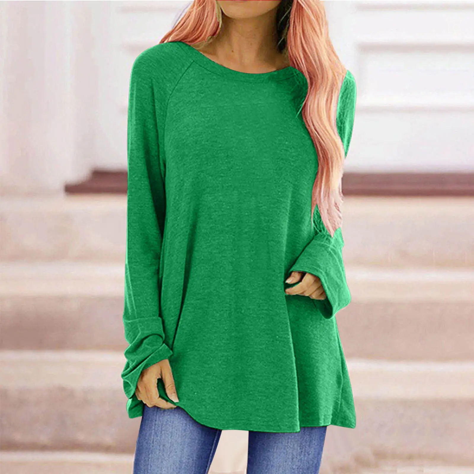 Long Sleeve Raglan Tee Women Green Cotton - Image 10