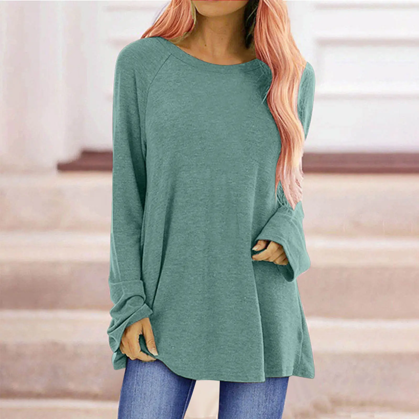 Long Sleeve Raglan Tee Women Green Cotton - Image 11