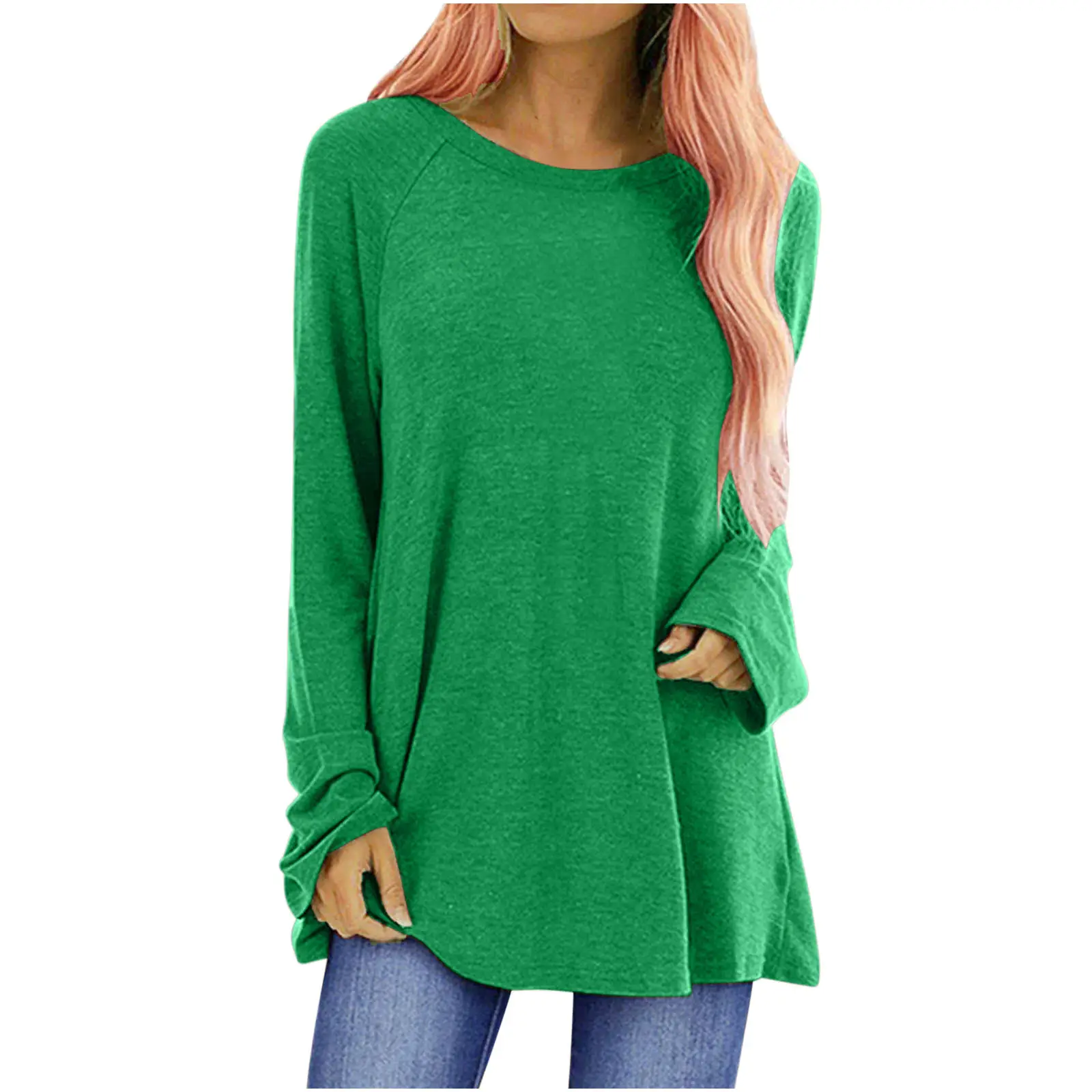 Long Sleeve Raglan Tee Women Green Cotton - Image 2