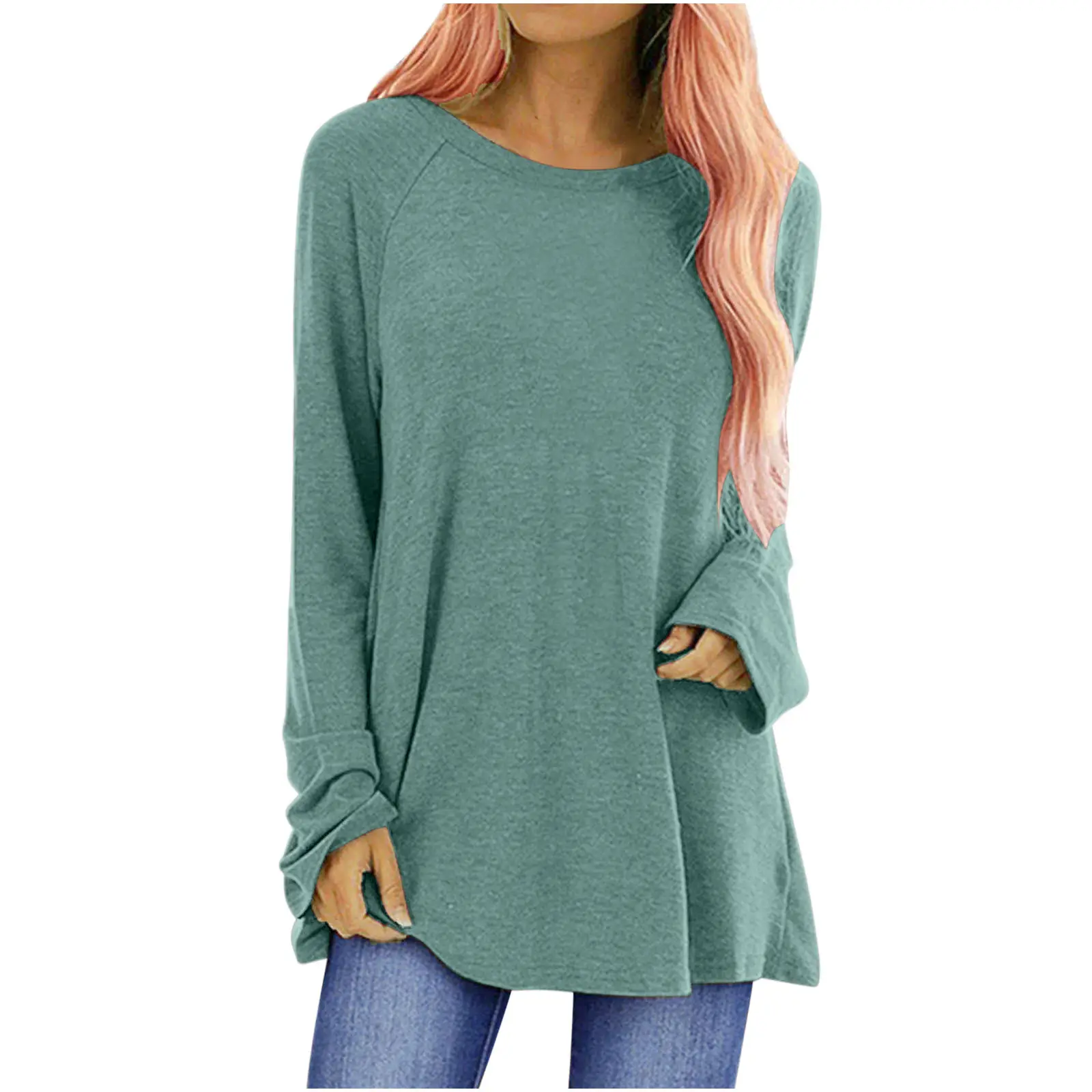 Long Sleeve Raglan Tee Women Green Cotton - Image 4