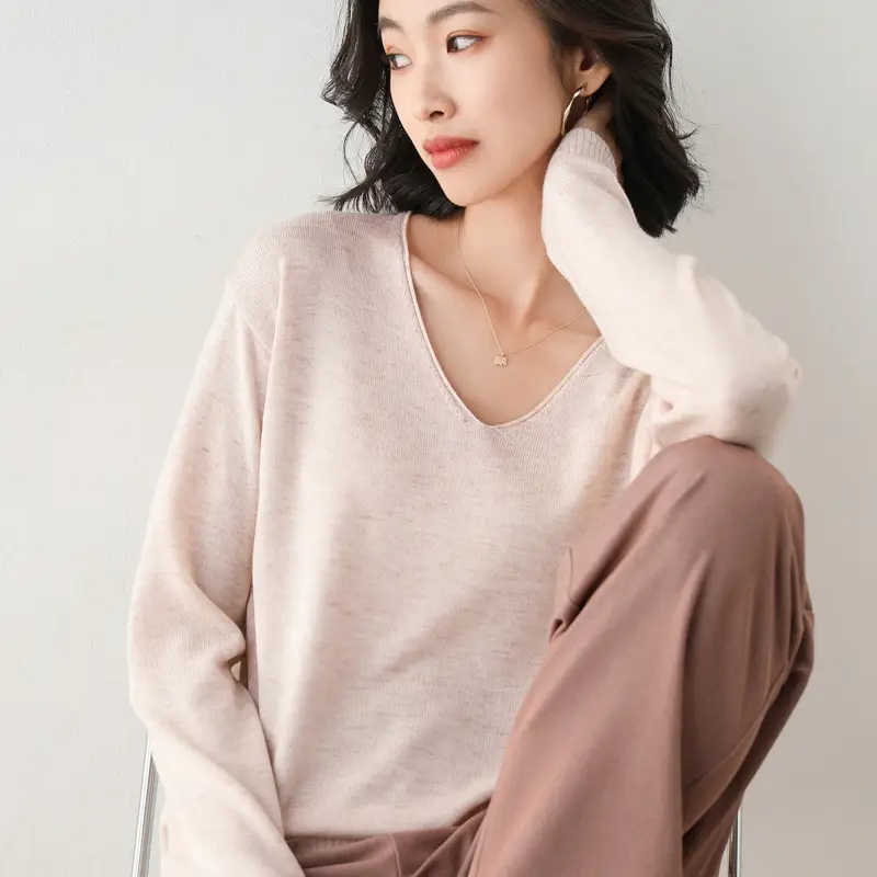 Women's 20 Autumn V-Neck Knitted Sweater Light Green - Image 13