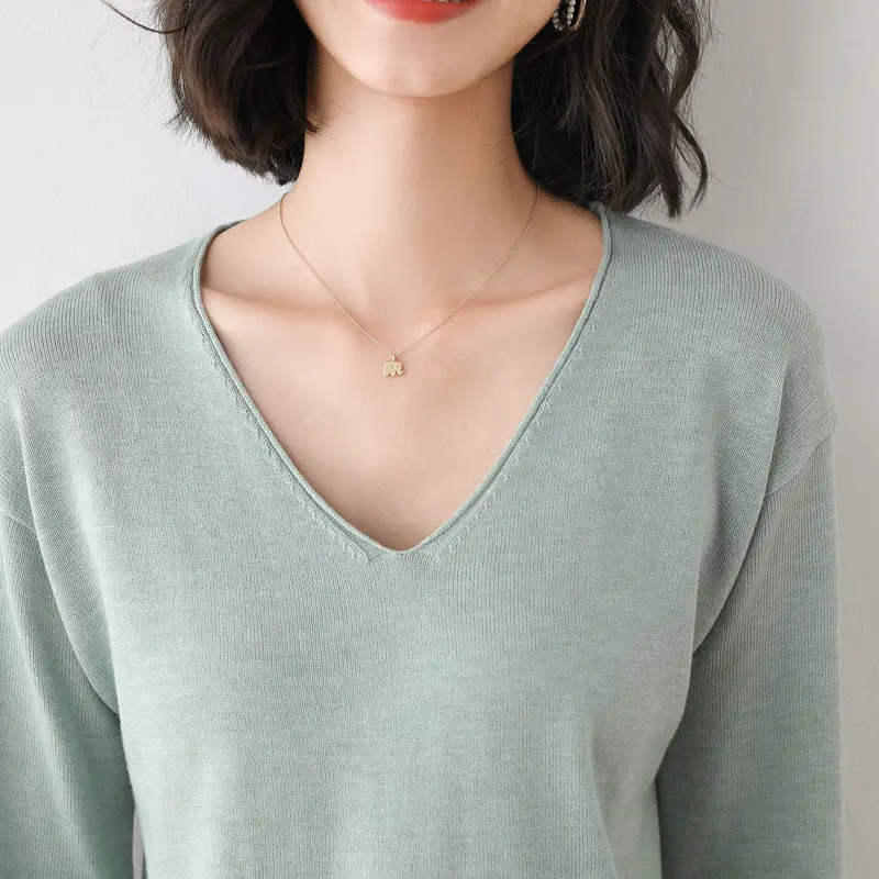 Women's 20 Autumn V-Neck Knitted Sweater Light Green - Image 14