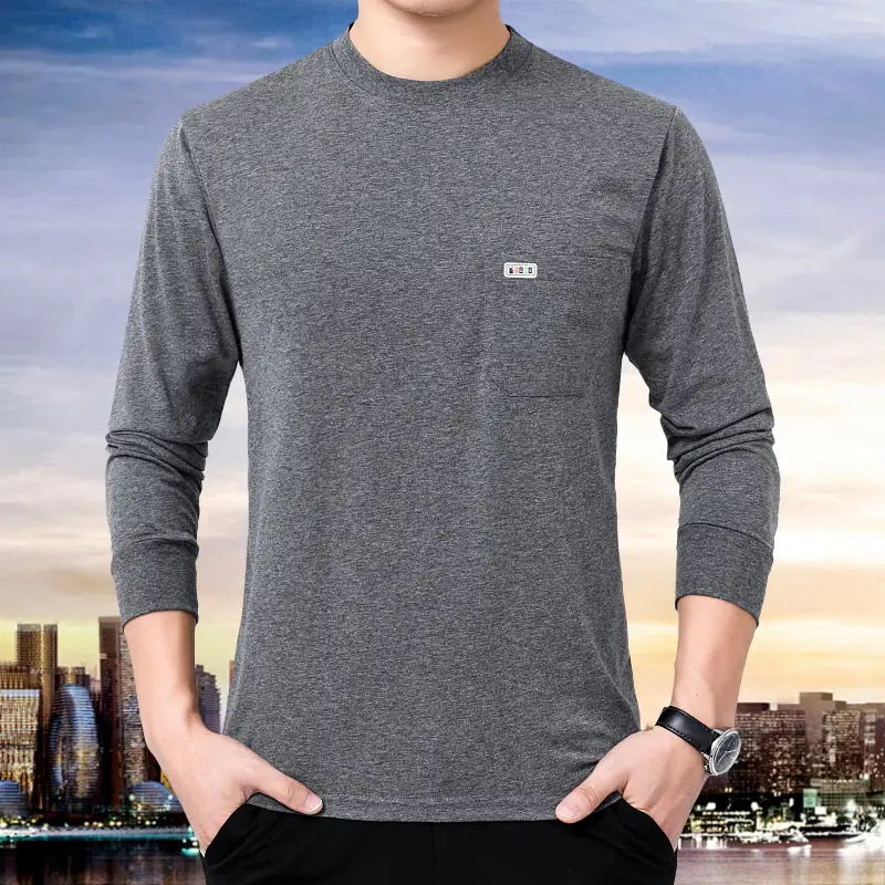 Men Grey Crewneck Long Sleeve T-Shirt with Pocket - Image 2