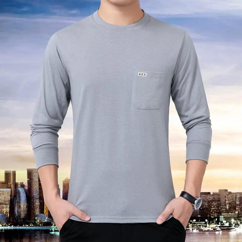Men Grey Crewneck Long Sleeve T-Shirt with Pocket - Image 3