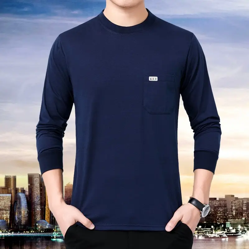 Men Grey Crewneck Long Sleeve T-Shirt with Pocket - Image 4