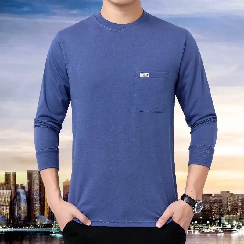 Men Grey Crewneck Long Sleeve T-Shirt with Pocket - Image 7