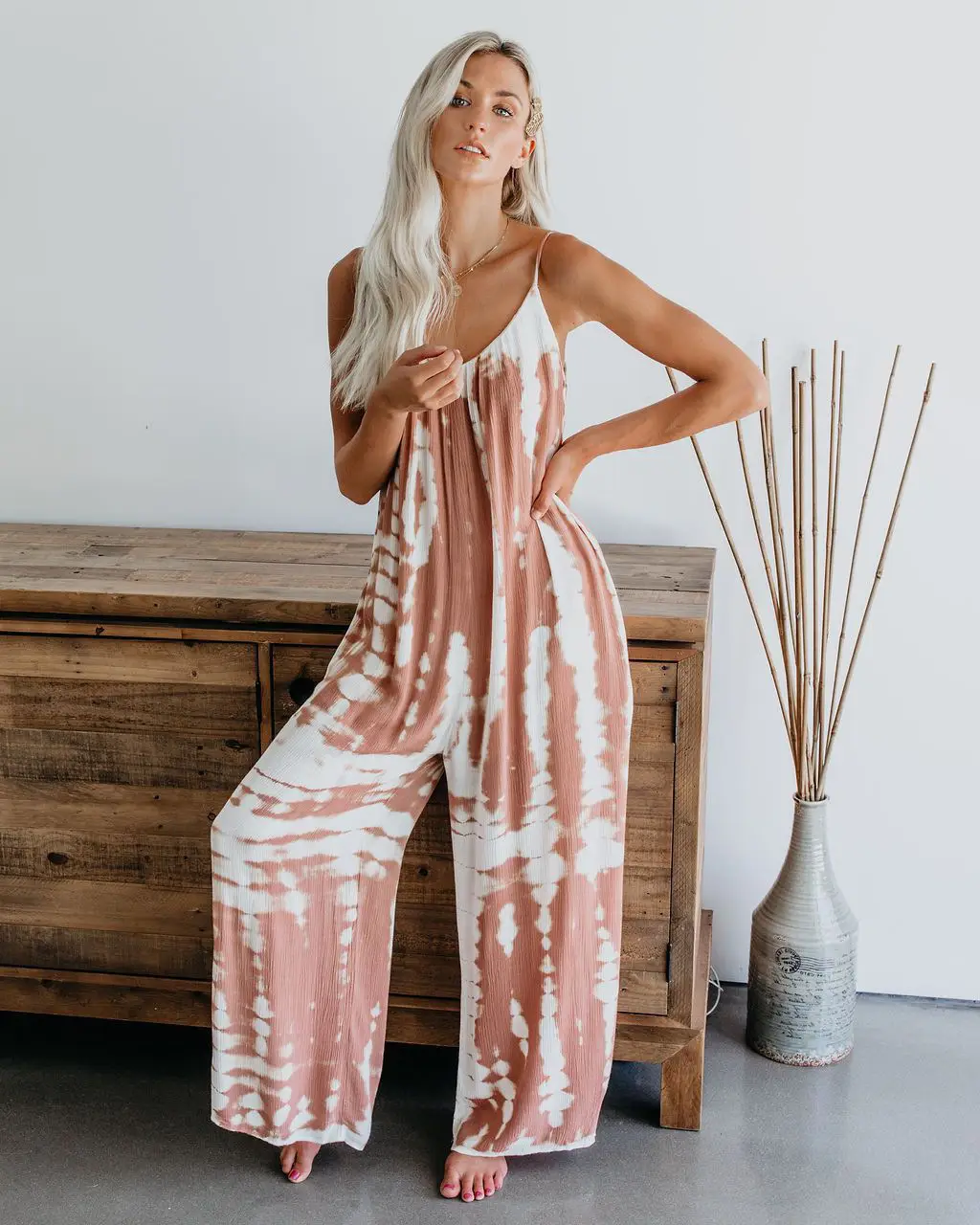 Red Printed U-Neck Loose Jumpsuit with Wide Legs - Image 2