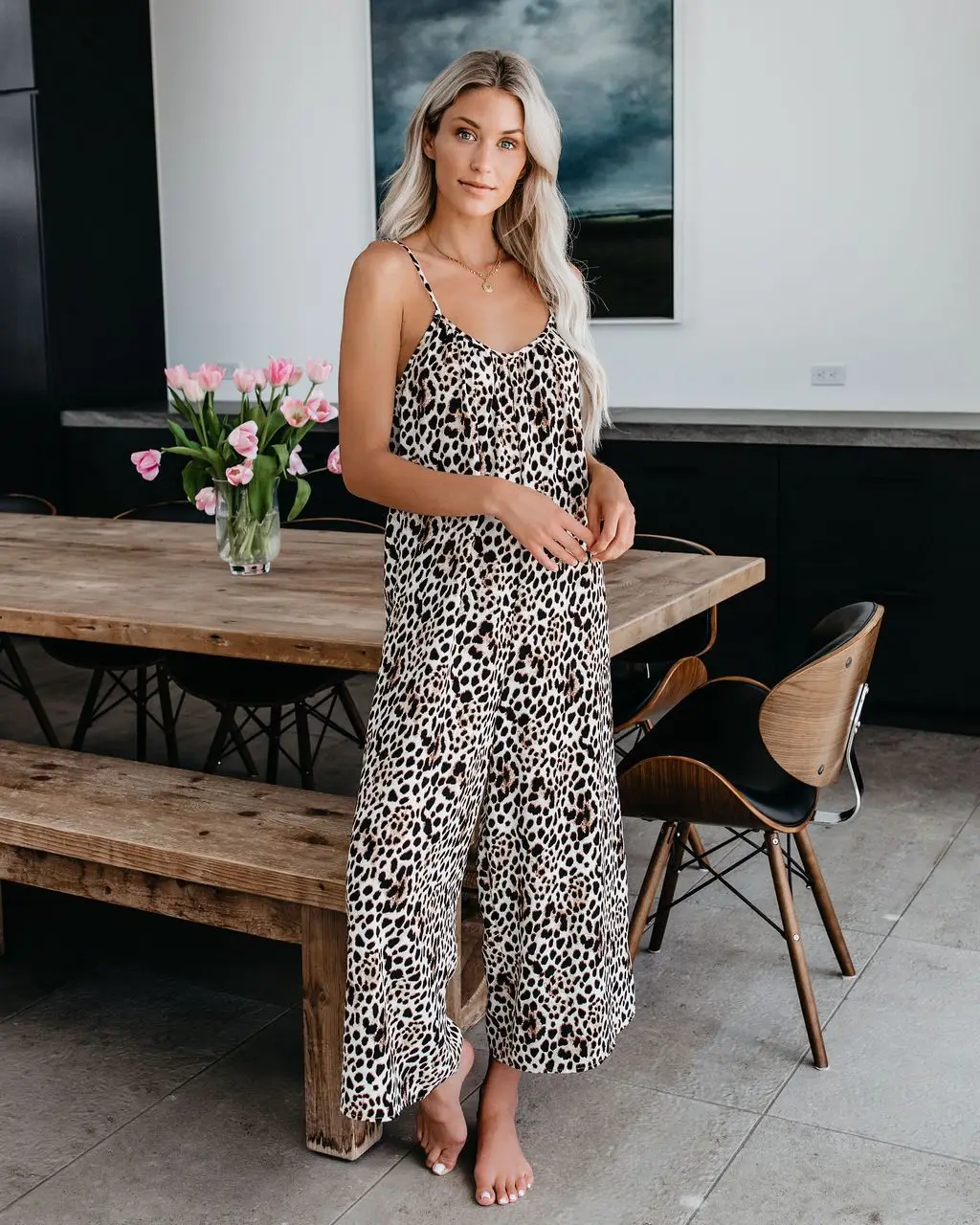 Red Printed U-Neck Loose Jumpsuit with Wide Legs - Image 4