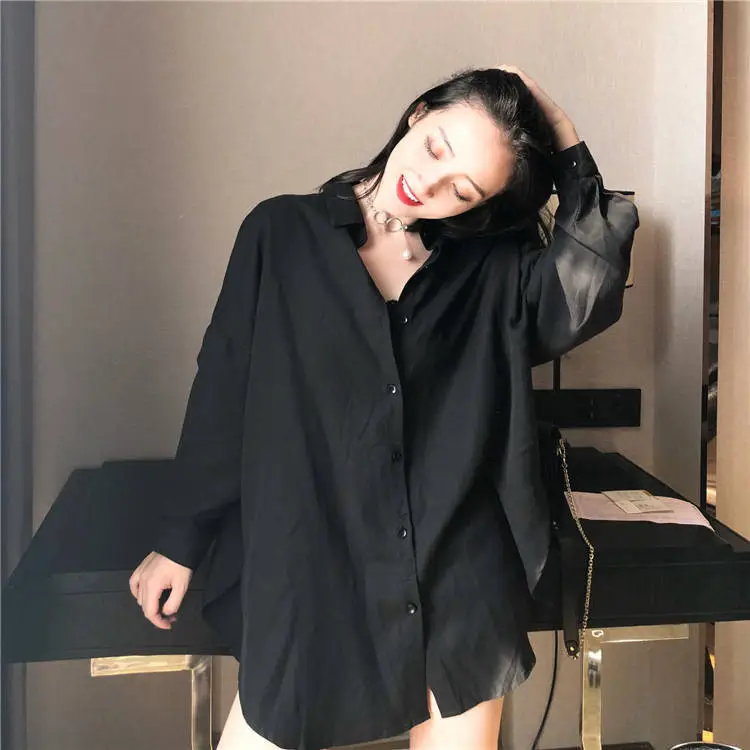 Black Mid-Length Button Down Shirt for Women — feature 2