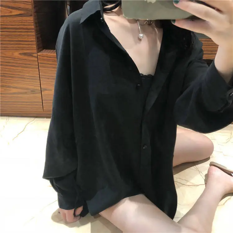 Black Mid-Length Button Down Shirt for Women — feature 5