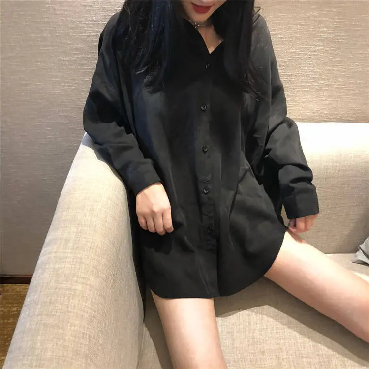Black Mid-Length Button Down Shirt for Women — feature 6