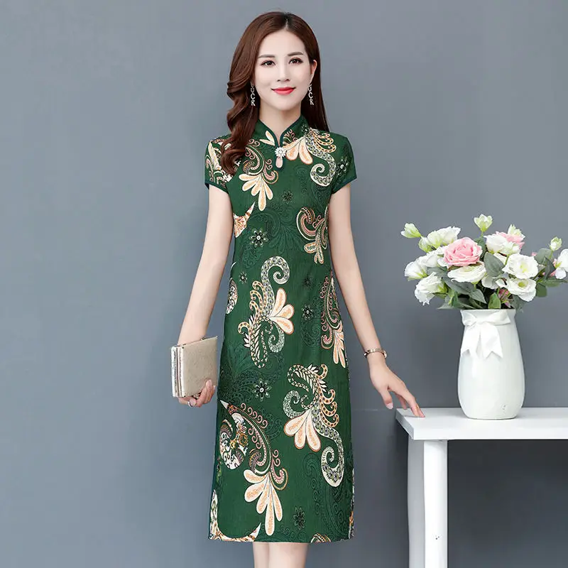 Blue Printed Cheongsam Dress Short Sleeve Slim Fit - Image 6