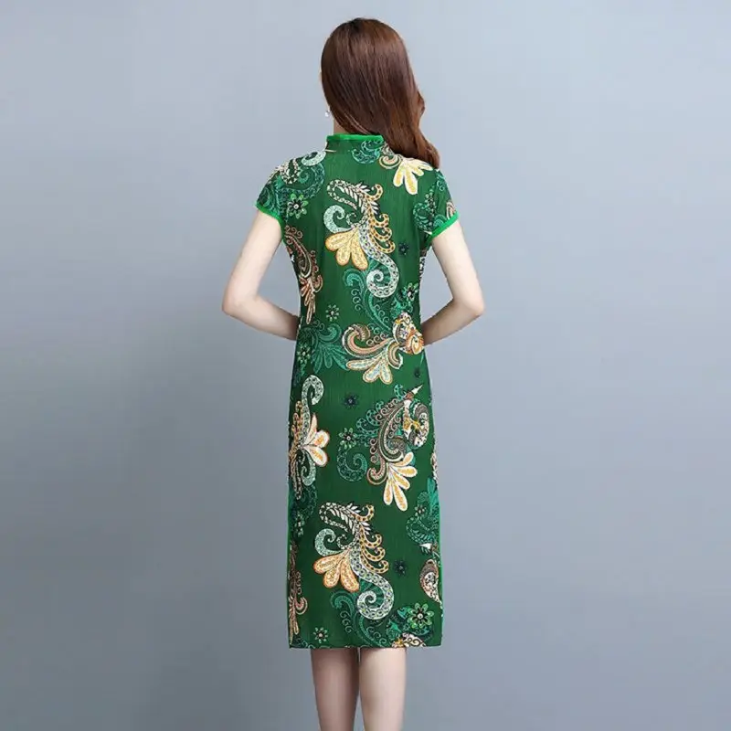 Blue Printed Cheongsam Dress Short Sleeve Slim Fit - Image 7
