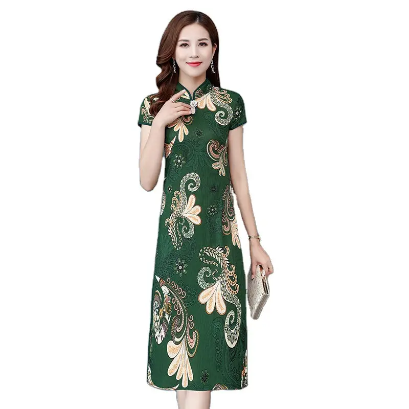 Blue Printed Cheongsam Dress Short Sleeve Slim Fit - Image 8