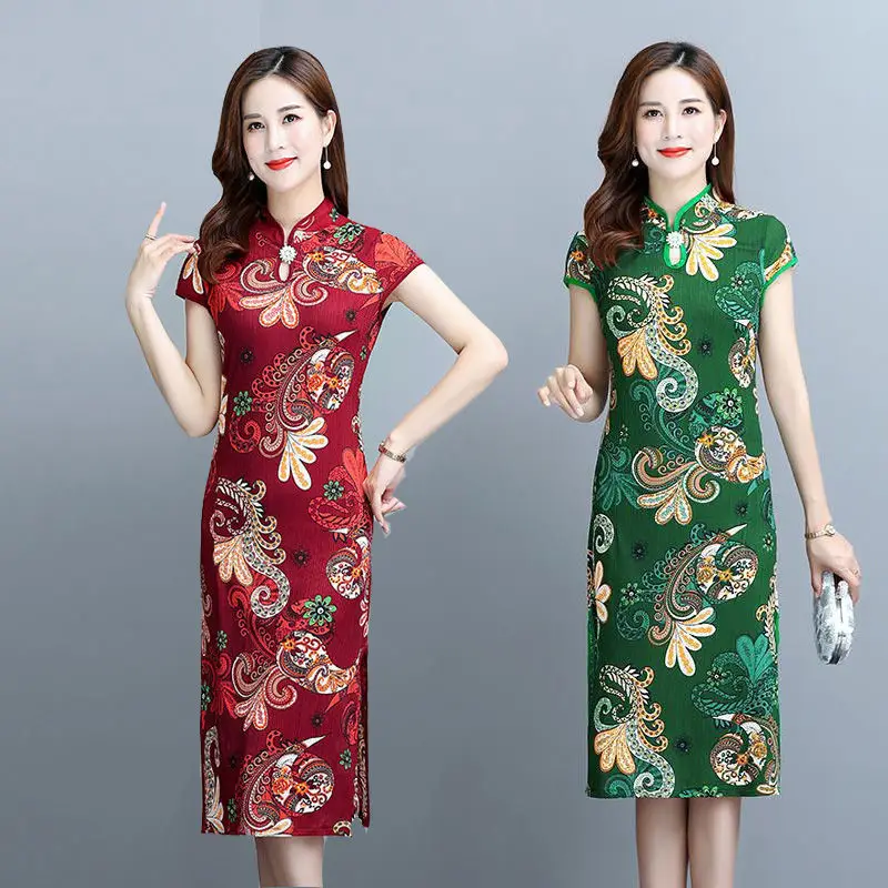 Blue Printed Cheongsam Dress Short Sleeve Slim Fit — feature 2