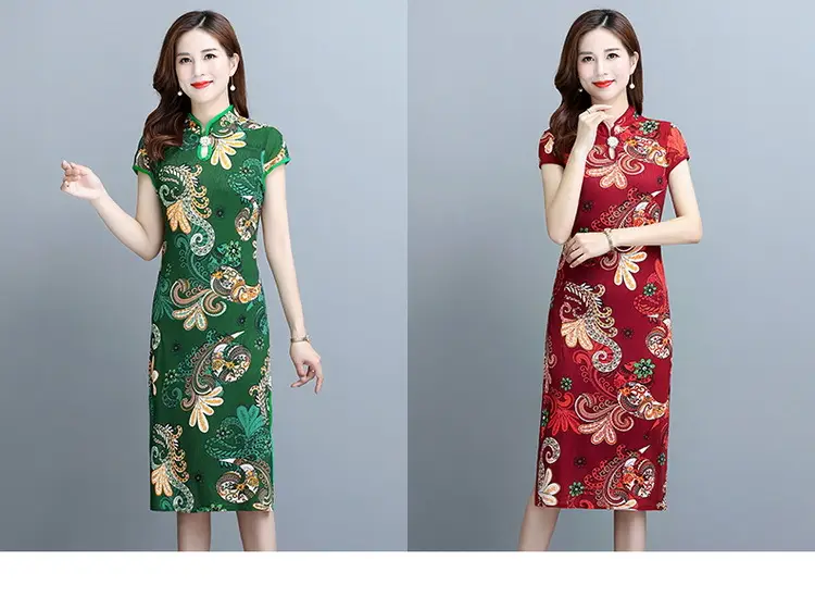 Blue Printed Cheongsam Dress Short Sleeve Slim Fit — feature 4